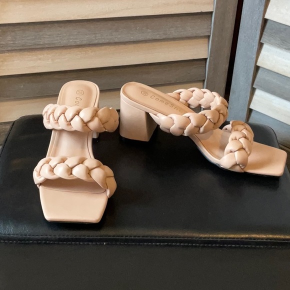 Women’s low block sandals heels open toe braided band square toe - Picture 2 of 3